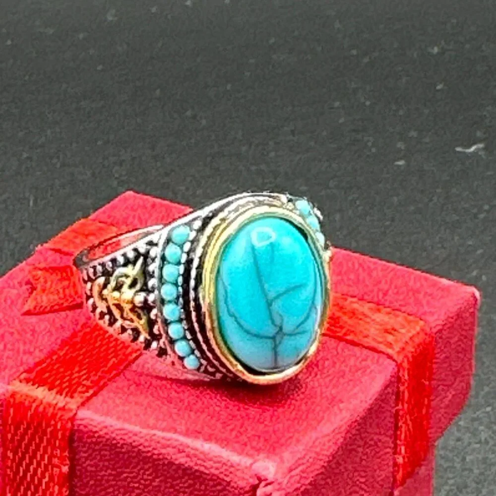 Turquoise Ring Gold and Silver Tone Unisex - Picture 6 of 17